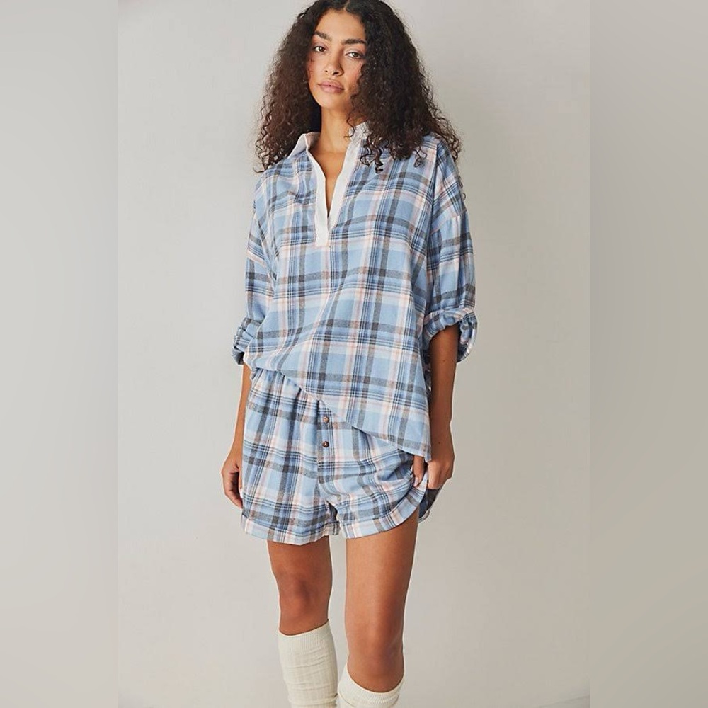 FP Sunday morning, sleep shirt, light blue flannel pop over polo collared top S - Picture 1 of 15